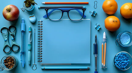 Notepad with office supplies on a blue background. Flat lay. Top view 