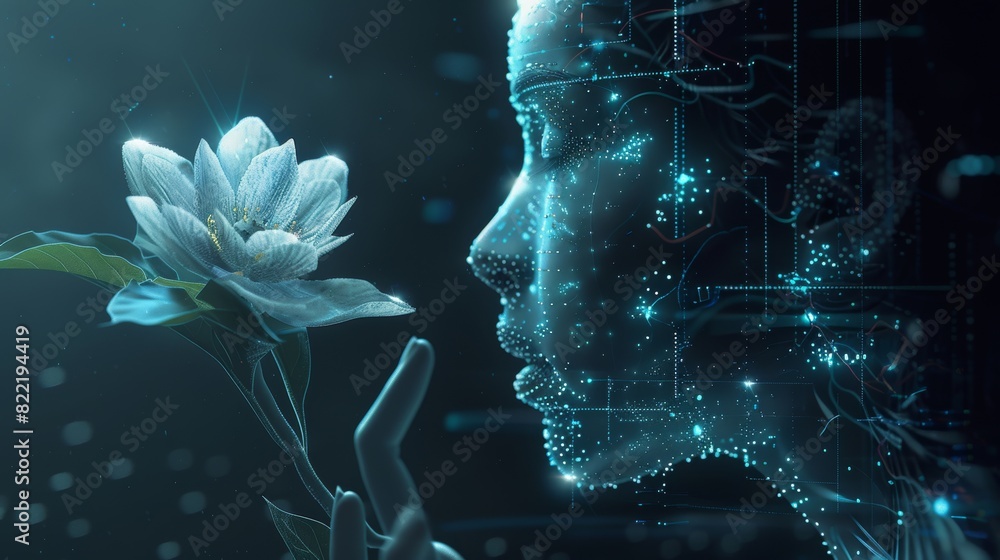 Poster using artificial intelligence in a humanoid head, holds an artificial robotic flower. a sci-fi conce