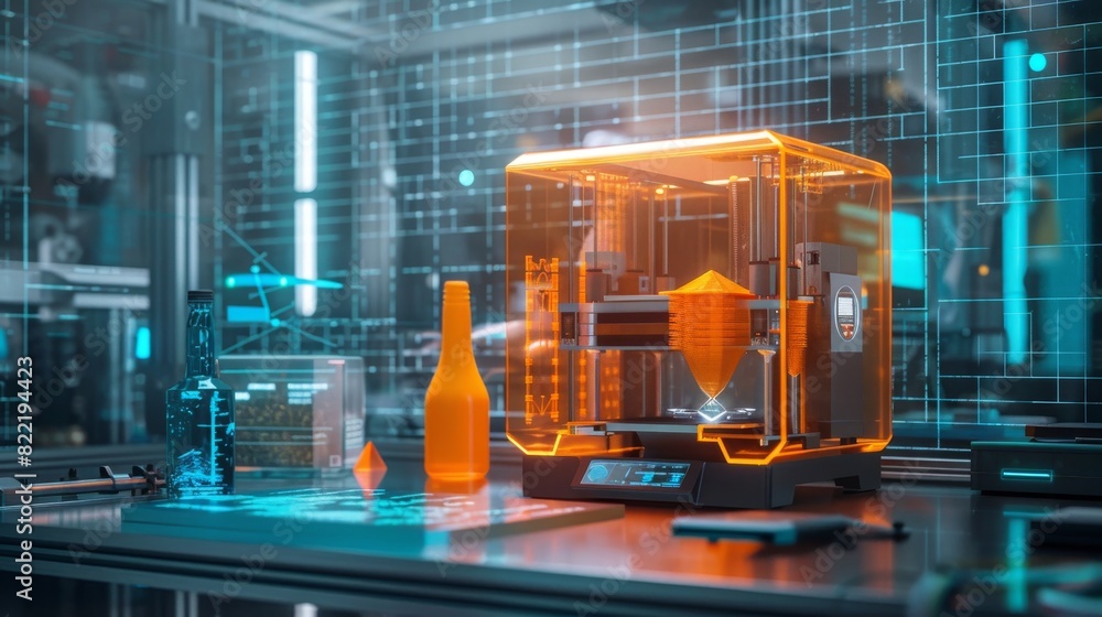 Poster on the desk of engineer. 3d printing and prototyping of parts in industry. 3d printer with an orange