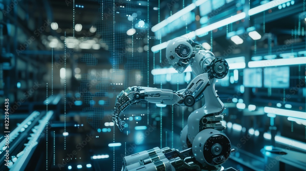 Poster industrial robotic arms controlled by artificial intelligence on a robot factory floor. industrial r