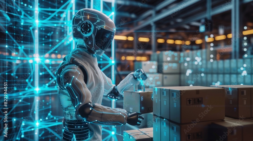 Poster in a futuristic bionic exoskeleton a worker picks up packages on a factory floor. robot in a bionic 