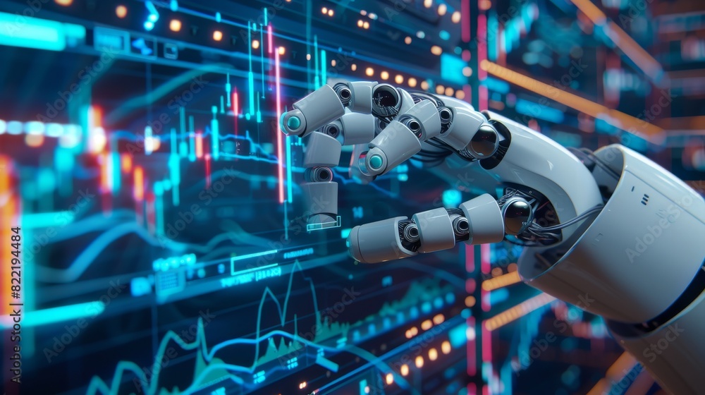 Poster hand robot pointing at candlestick graph on screen phone. artificial intelligence trader. artificial