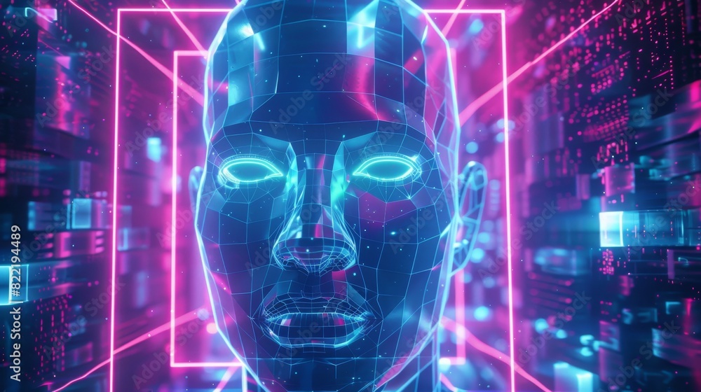 Poster artificial intelligence head. abstract computer tech banner. futuristic neon square frame with chrom