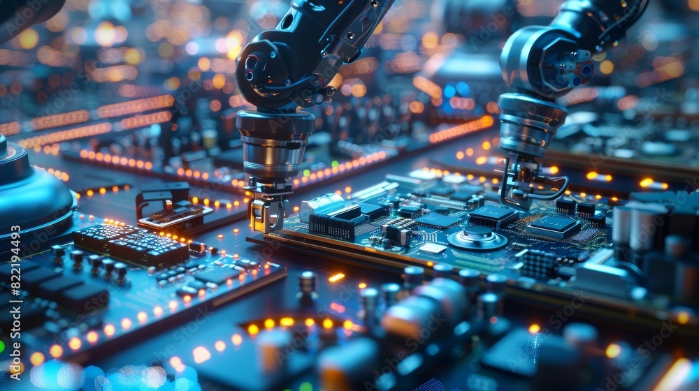 Poster robots on an assembly line manufacturing circuit boards with chips, cpus, and electronic components.