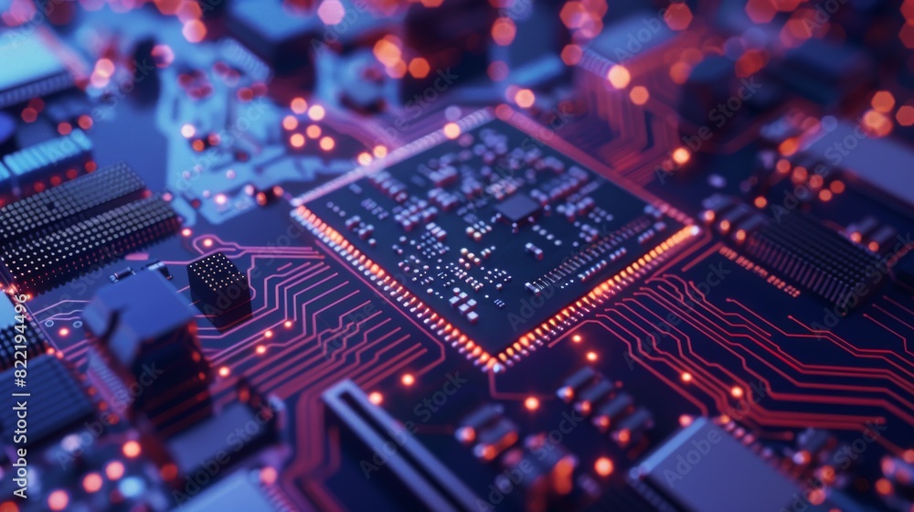 Poster hardware electronic development concept. circuit board or motherboard with cpu chip or processor, me