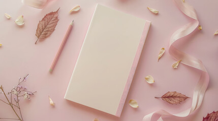 top view of a blank pink sheet of paper framed by pencils, leaves and ribbons, space for text, mockup, table, stationery, drawing, art, mock up, postcard, wallpaper, design, girly style, scrapbooking