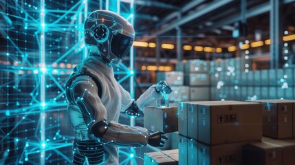 In a futuristic bionic exoskeleton a worker picks up packages on a factory floor. Robot in a bionic exosuit in a warehouse. Sci-fi concept exoskeleton suit. Future delivery and logistic technology.