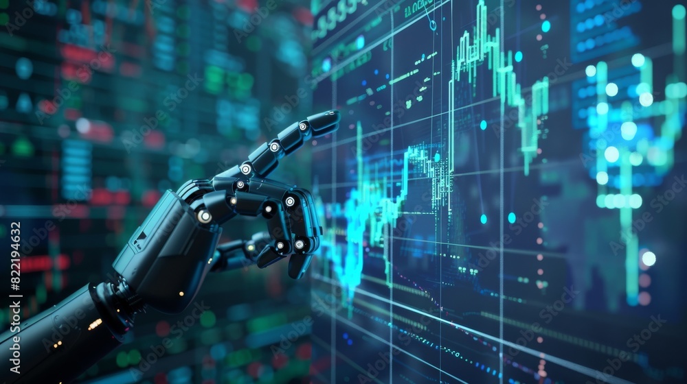 Poster a computer is used to analyze stock market data. a chatbot is used to trade forex. a robot is used t