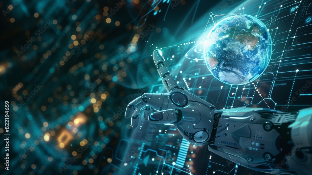 Poster ai. a global communication technology concept. a robot arm interacts with a 3d earth on the hud. ai 