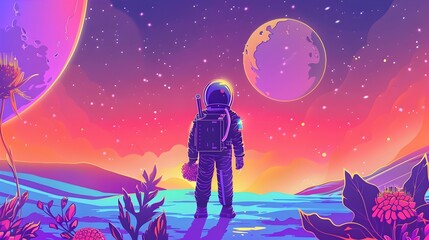 Fototapeta premium Solitary Astronaut Exploring Vibrant Alien Landscape Under Dual Moons