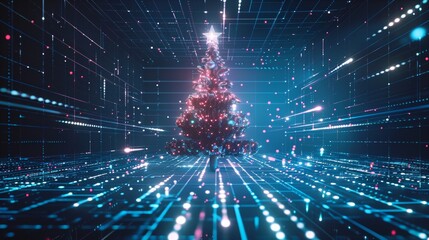 Fototapeta premium A digital banner of a Christmas event in the year 2024 with digits 2024 and a Christmas tree in an electronic technology style. A card of congratulations on the new year and merry Christmas in a