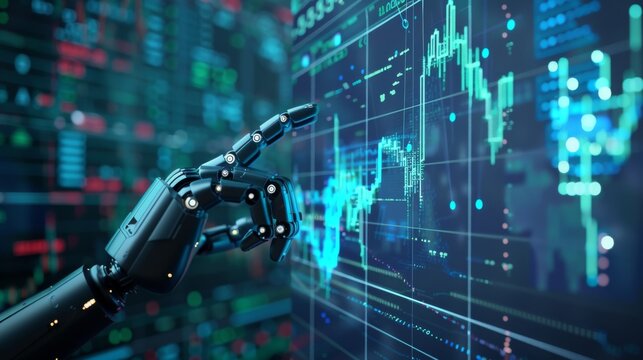 A computer is used to analyze stock market data. A chatbot is used to trade forex. A robot is used to automate the trade of stock market funds. A robot hand points out financial chart data.