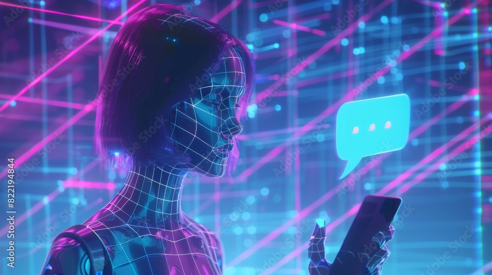 Poster a woman cyborg chats with an ai chat bot at a mobile phone. in the frame we see an image of a robot 