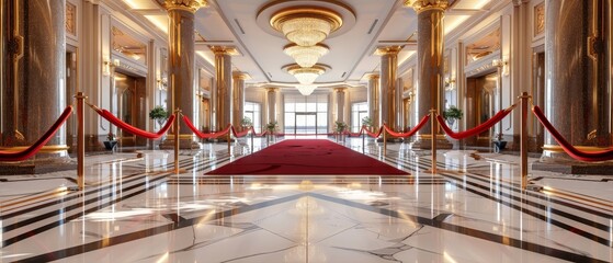 Luxurious hotel lobby with red carpet, marble flooring, and grand chandeliers, reflecting elegance and opulence in a sophisticated environment.