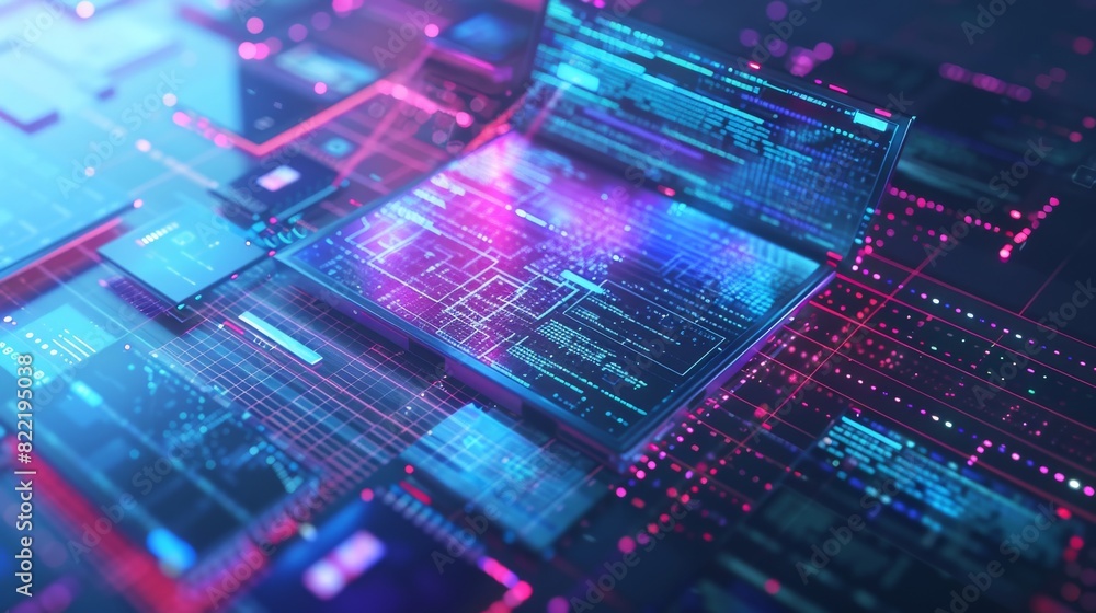 Poster concept of digital computer technology. software development. internet cloud technology. monitoring 