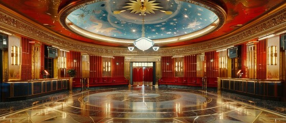 Luxurious interior of an ornate theater lobby featuring elegant lighting, intricate designs, and a stunning ceiling mural.