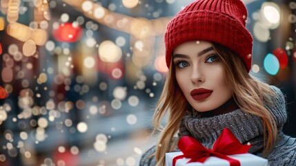 Festive mood with a stylish young woman presenting a gift adorned with a bright red ribbon city backdrop