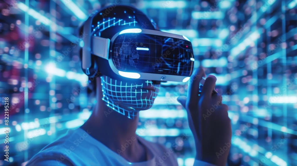 Poster vr headset or vr glasses with holographic interface of vr or ar simulation. guy playing in computer 