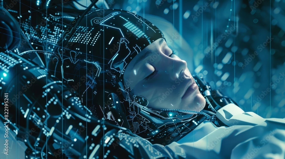 Poster female robot curls up and sleeps in cyberspace. cyborg connection cables carry data signals. sci-fi 