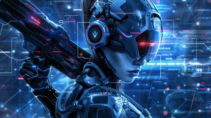 Cylon woman holding large controller for gaming consoles and game pass on gamers poster. Robot on gamers poster holding large gamepad and game pass.