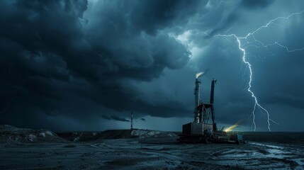 Fototapeta premium Against a dark stormy sky a bolt of lightning strikes a solitary mining rig highlighting the energy consumption and potential environmental impact of crypto mining.