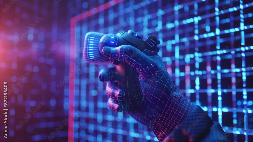 Poster virtual reality controller in the hand of a video gamer. hand raised high with virtual reality gamep