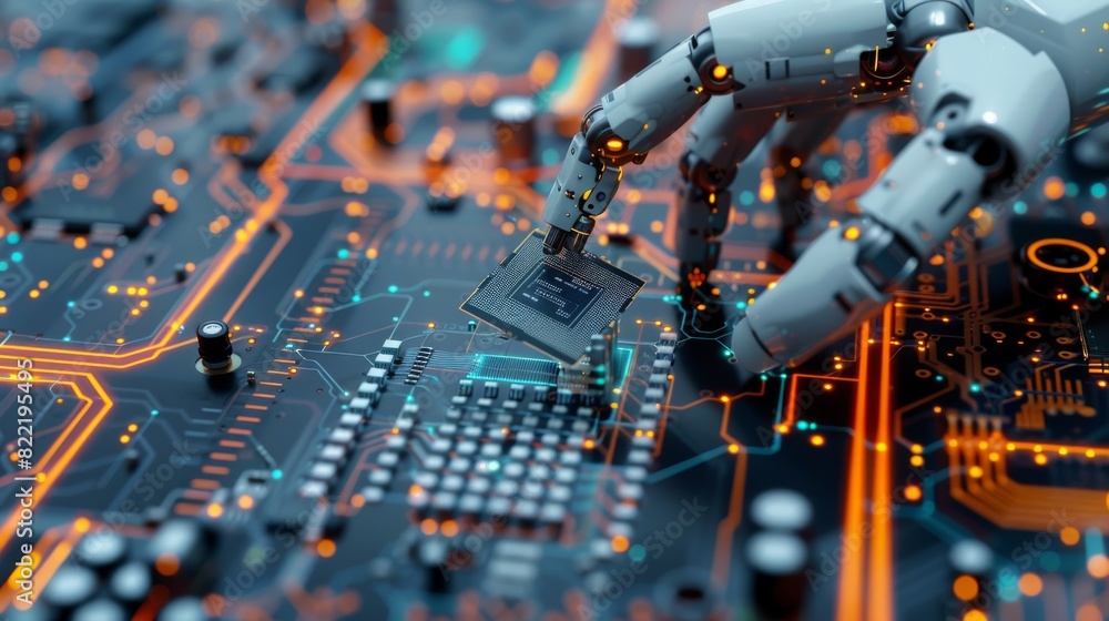 Poster a robotic arm manipulates electronic components on an electronic circuit board in a factory assembly