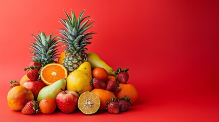 Fresh tropical fruit assortment on a blurred red background featuring strawberries pears pineapple and organic oranges close up for detox juice