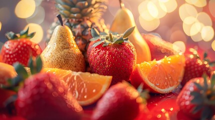 Fresh tropical fruit assortment on a blurred red background featuring strawberries pears pineapple...