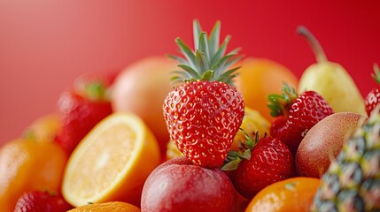 Fresh tropical fruit assortment on a blurred red background featuring strawberries pears pineapple and organic oranges close up for detox juice