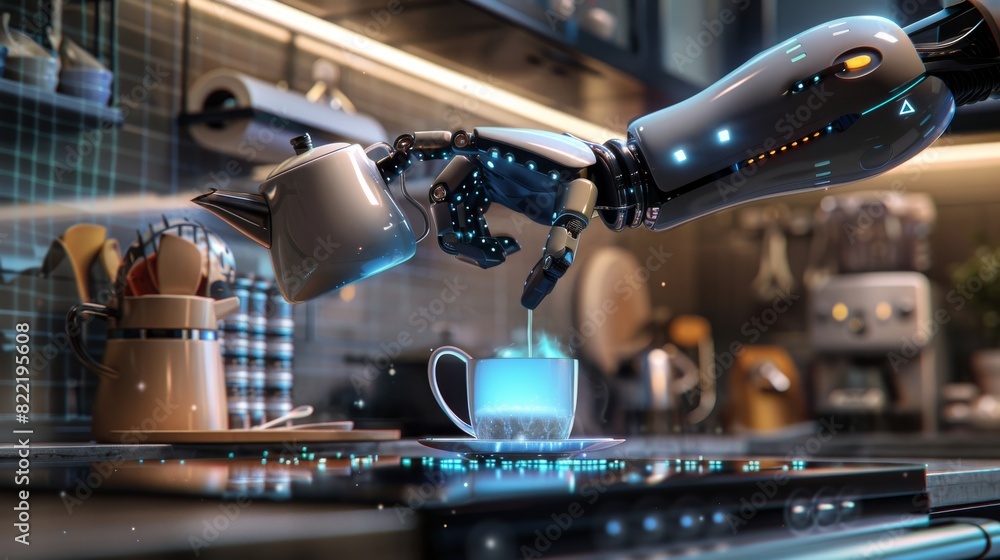 Aufkleber an ai robot is cooking breakfast and coffee at home. this robot is holding a teapot, pouring coffee 
