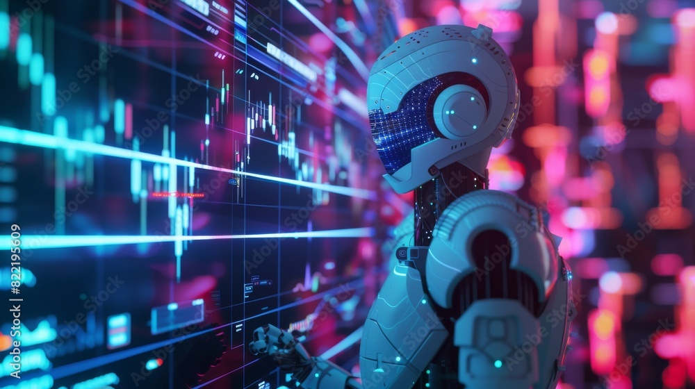 Poster ai trader analyzing chart of stock exchange market. female robot trader assistant on forex market. a