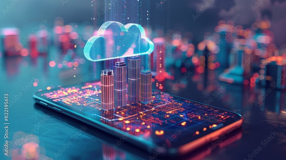 Poster on a touchscreen phone, a smart city on a smart phone screen. skyscrapers with cloud storage in the 
