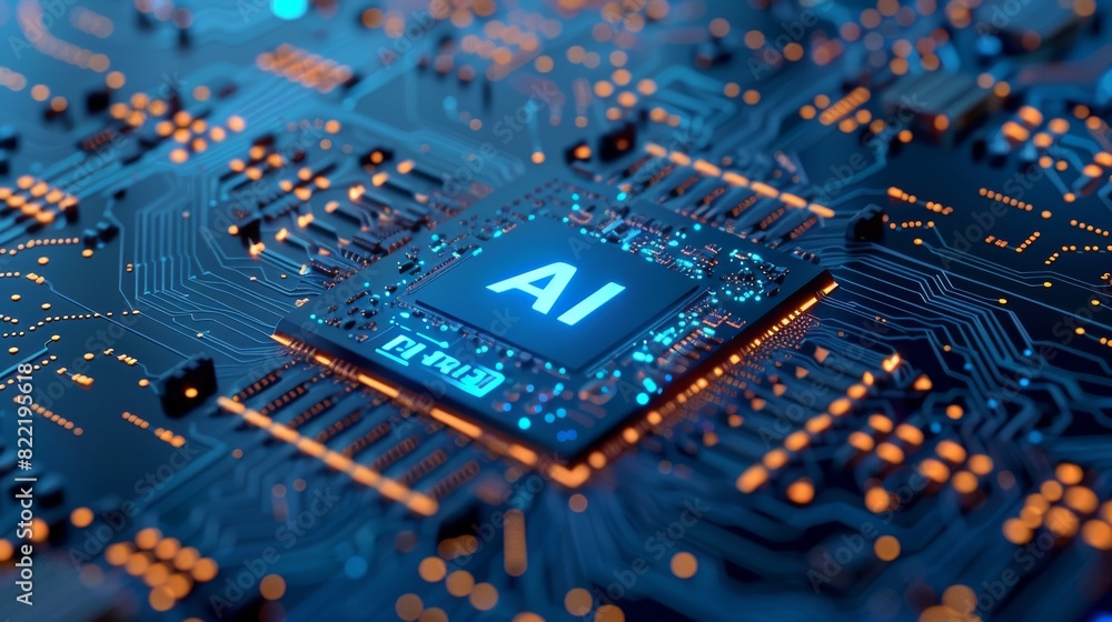 Poster a processor integrated with ai. ai letters on chip. intel processor connected to motherboard. artifi