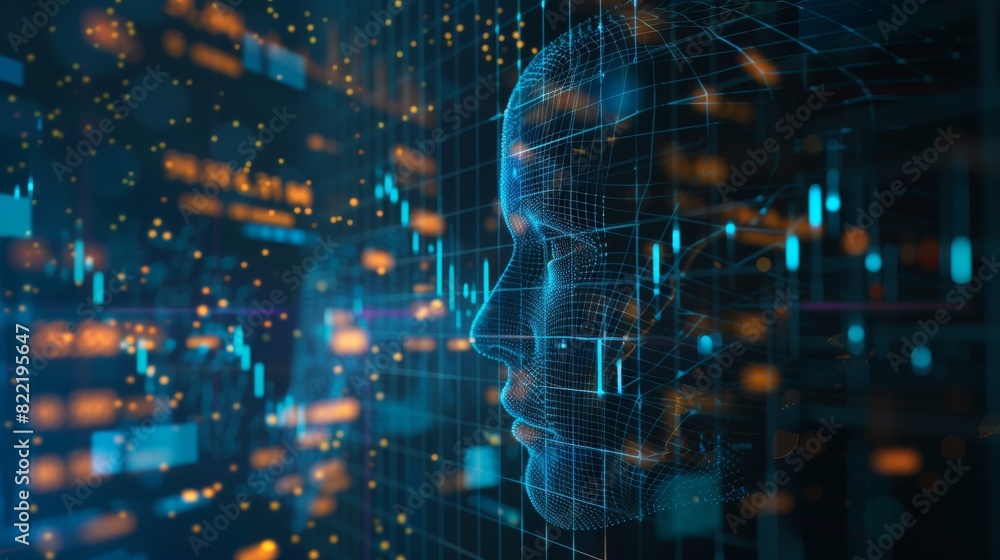 Poster the visual representation of artificial intelligence analyzing data from the stock exchange market. 