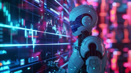 AI trader analyzing chart of stock exchange market. Female robot trader assistant on forex market. Automated trading AI system. Bot trader developing trading strategy on stock exchange market.