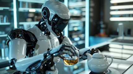 Fototapeta premium A humanoid robot servant pours tea at the request of a human. An AI robot performs housework. A humanoid robot chef in the kitchen holds a cup and a teapot.