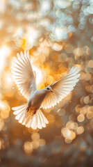 Fototapeta premium White dove flying on golden background