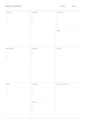 A weekly plan design template in a modern, simple, and minimalist style. Note, scheduler, diary, calendar, planner document template illustration.