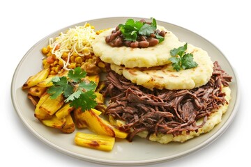 Fototapeta premium Arepas Pabellón Arepa: Braised Shredded Beef with Crispy Plantains