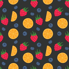 seamless summer fruits pattern with raspberry, orange and berry; perfect for summer-themed apparel, accessories, stationery, packaging and greeting cards  - vector illustration