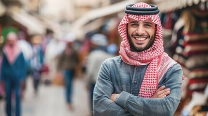 Fototapeta premium A young Saudi man stands with his arms crossed and smiles, dressed in traditional red and white. Confident Arab businessman posing for the camera outdoors.