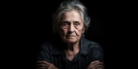 Charcoal background sad European white Woman grandmother realistic person portrait of young beautiful bad mood expression Woman Isolated Background depression anxiety fear 