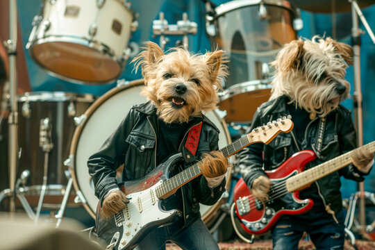 Dogs dressed up as musicians playing guitars and singing