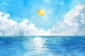 夏の太陽と海の水彩画（背景・暑中見舞い・壁紙）