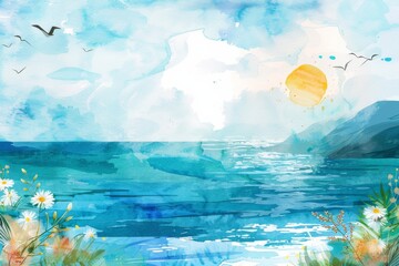夏の太陽と海の水彩画（背景・暑中見舞い・壁紙）