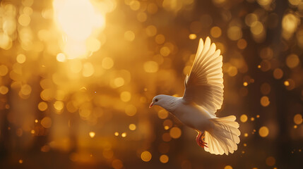 White dove flying on golden background