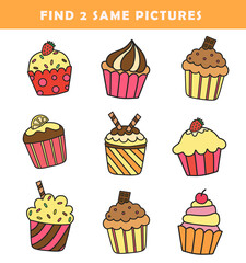 Find 2 same pictures. Puzzle game for children. Preschool worksheet activity for kids. Educational game with cute cupcakes illustration.