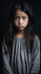 Charcoal background sad Asian child Portrait of young beautiful in a bad mood child Isolated on Background, depression anxiety fear burn out health issue problem mental 