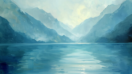 A painting of a mountain range with a lake in the foreground. The mountains are blue and the sky is white. The mood of the painting is serene and peaceful
